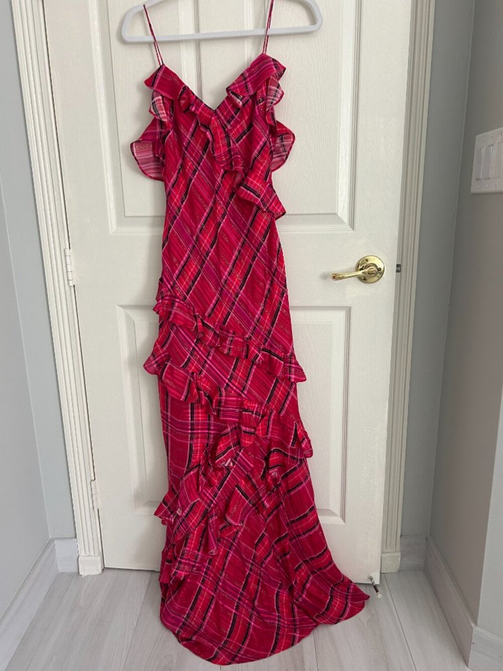 LoveShackFancy Rialto Cheery Red Plaid Metallic Ruffle Maxi Dress NWT - Picture 7 of 8